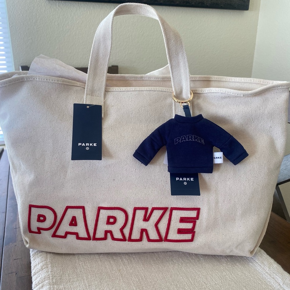 PARKE Cream Large Canvas Tote Bag with Red Logo & Chain